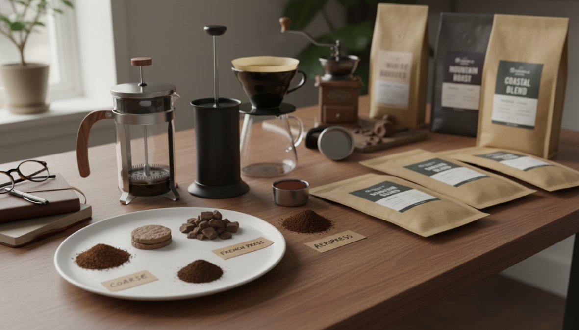 Close-up of freshly roasted whole bean coffee being poured from a kraft paper bag onto a worn wooden surface, with a softly blurred roastery environment of brick walls and stainless steel equipment visible in the background, warm amber lighting