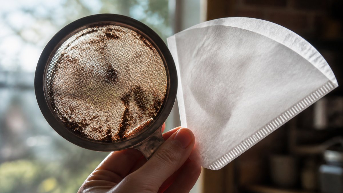 Close-up of a metal mesh filter held up to light with visible coffee grounds, positioned next to a white paper filter for visual comparison