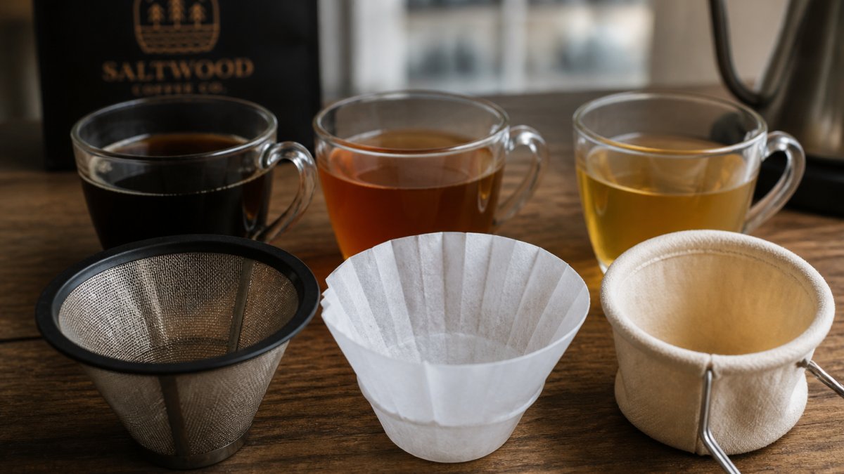 Comparison chart showing how metal, paper, and cloth filters affect coffee clarity and color.