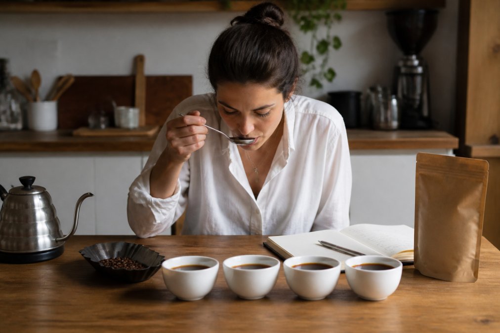 A person slurping coffee from a spoon at a kitchen table with a notebook and coffee bag nearby, capturing the tasting process