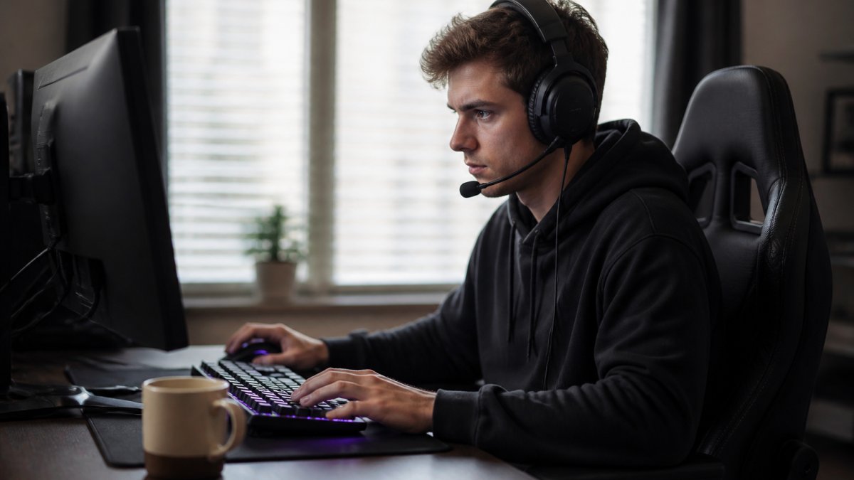 Competitive gamer sitting at gaming desk with coffee mug nearby, focused intently on monitor during active esports match with keyboard and mouse in hand