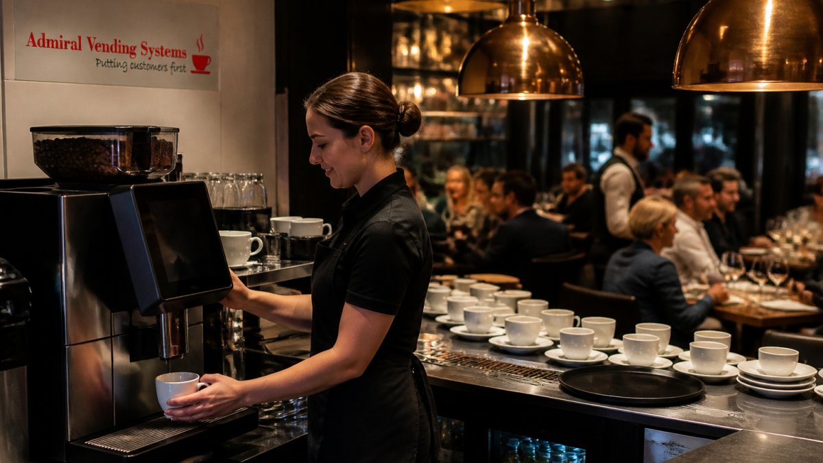 A restaurant server using a bean to cup coffee machine behind a bar during a busy dinner service, cups and saucers lined up on the counter under warm pendant lighting