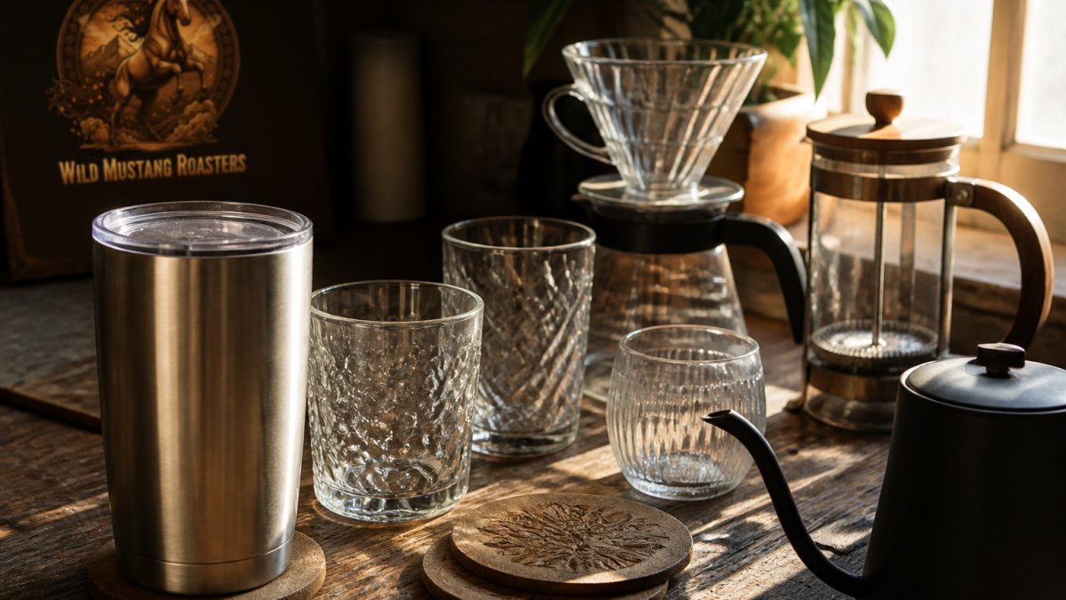 Collection of coffee drinkware and accessories arranged on a rustic wooden table including a stainless steel tumbler, embossed glass cups, coasters, and brewing equipment with warm morning light streaming across the surface