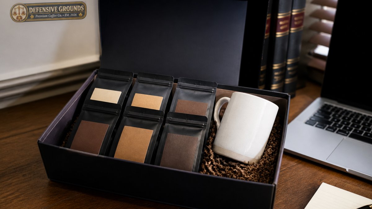 A close-up of an open coffee gift set box on a wooden desk, showing several small sample coffee bags and a ceramic mug, with legal books and a laptop blurred in the background