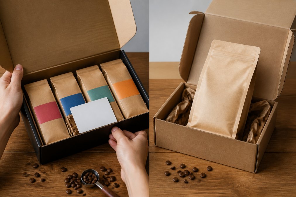 Hands opening a premium coffee gift box containing multiple small bags of specialty beans with colorful labels, a gift card nestled between the packs, and fresh-roasted coffee beans scattered on the wooden surface
