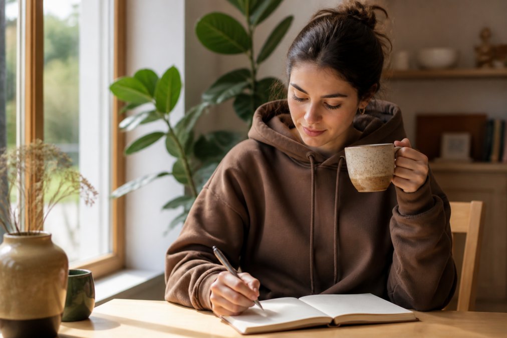Person wearing a comfortable unisex coffee hoodie while working at a home desk with a warm beverage nearby, natural indoor lighting from a window