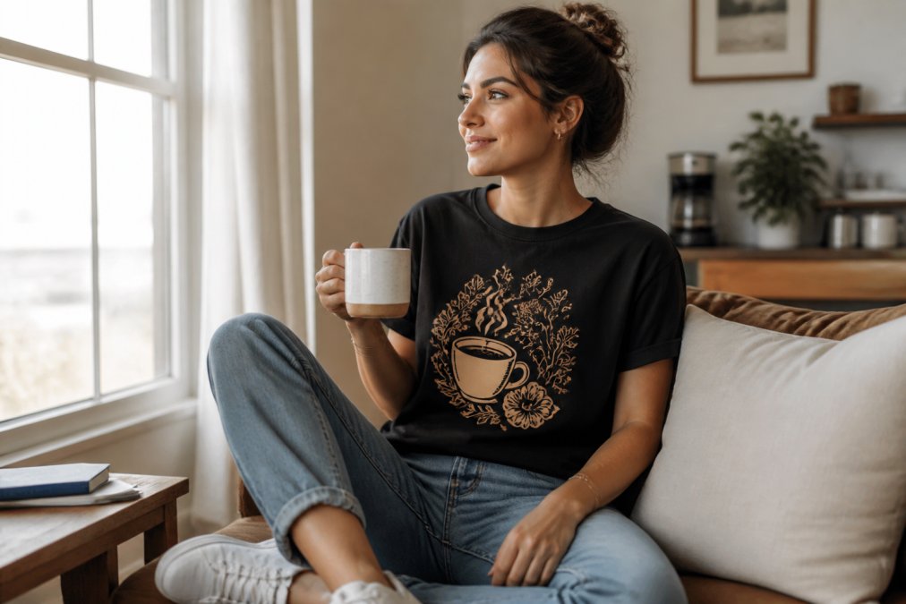 Person wearing a coffee-themed graphic tee with casual jeans and white sneakers, holding a coffee cup in a relaxed home setting with natural window lighting