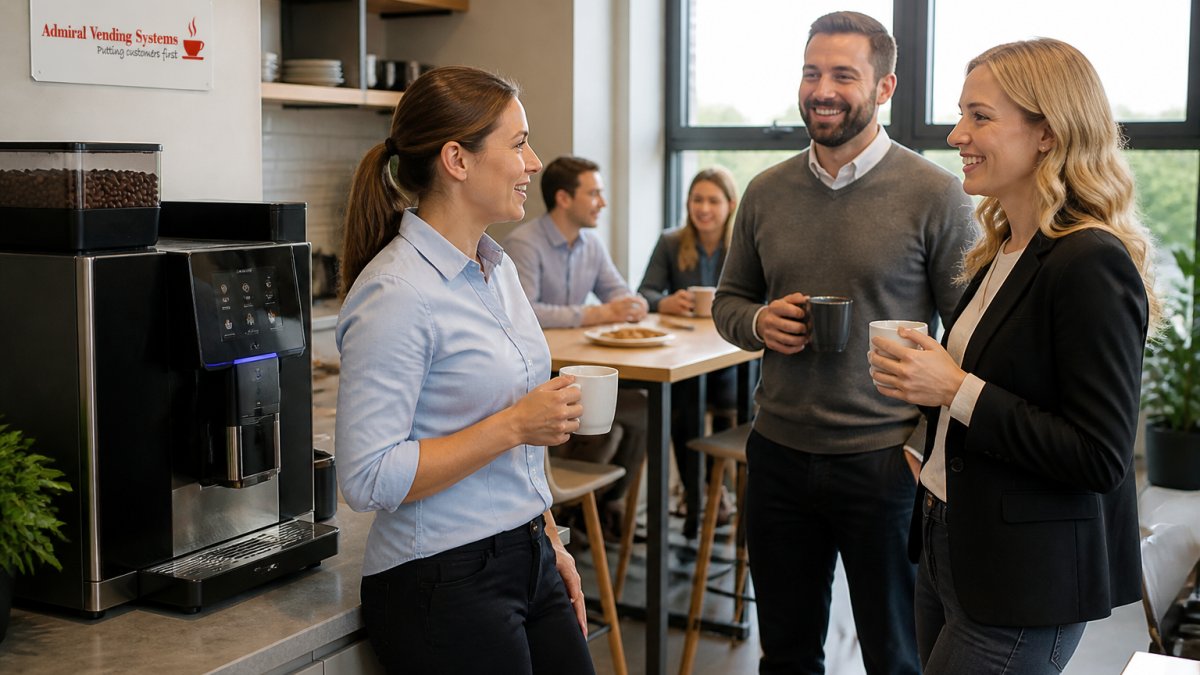 Professional employees gathered around a modern bean-to-cup coffee machine in a bright workplace break room, smiling and enjoying fresh coffee together