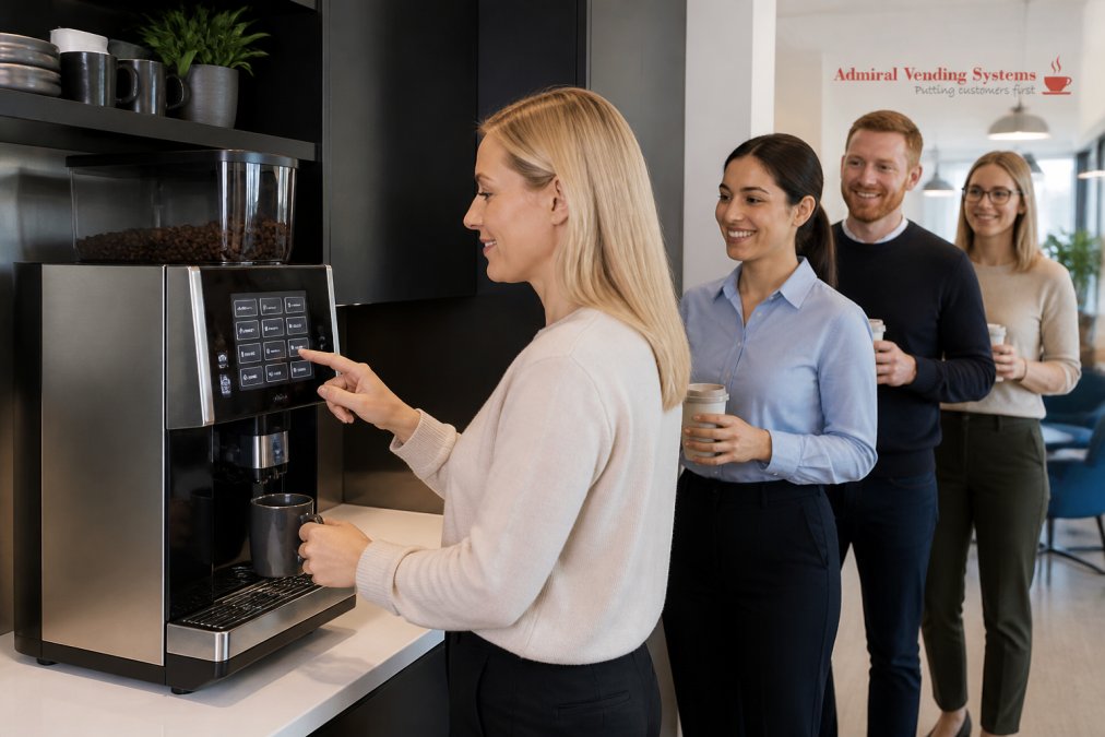 Employee using a stainless steel bean to cup coffee machine for business in a modern office kitchen.