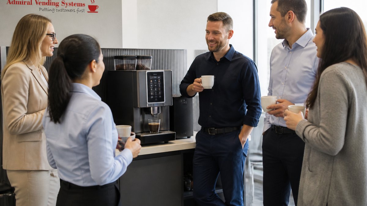 Professional office team gathered around a tabletop bean-to-cup coffee machine during a morning break, with people holding fresh drinks and smiling, natural office lighting