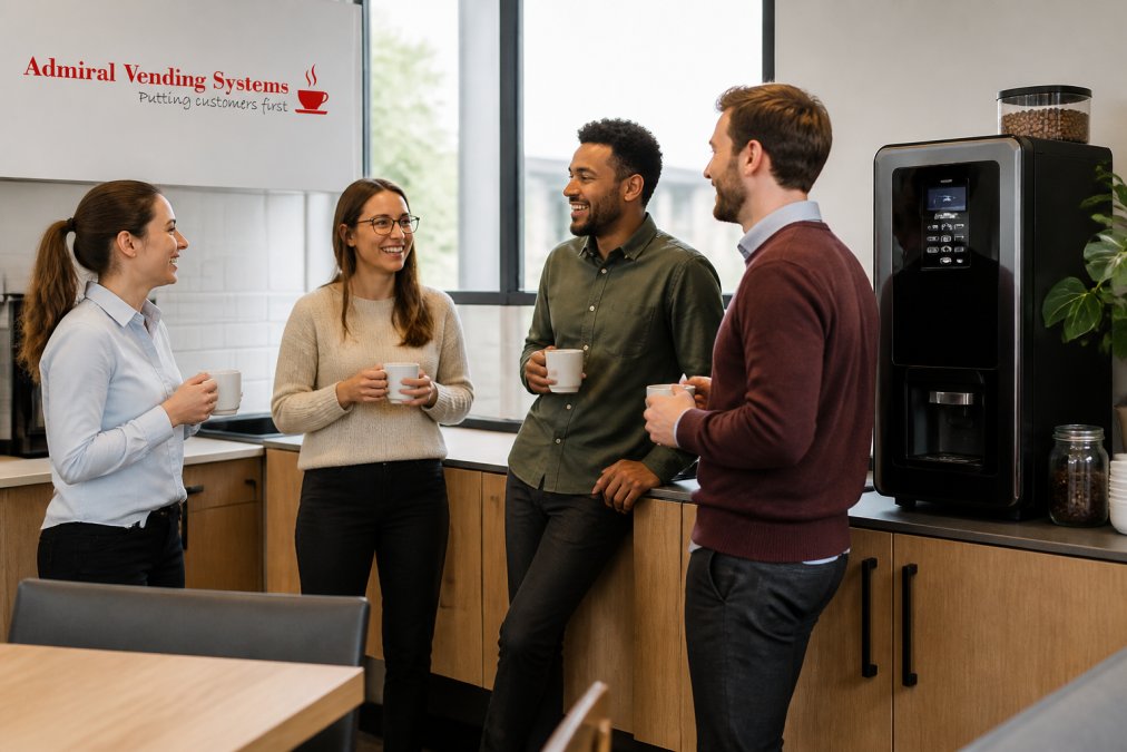 A group of office colleagues smiling and chatting while holding coffee cups near a modern bean to cup machine in a bright breakroom