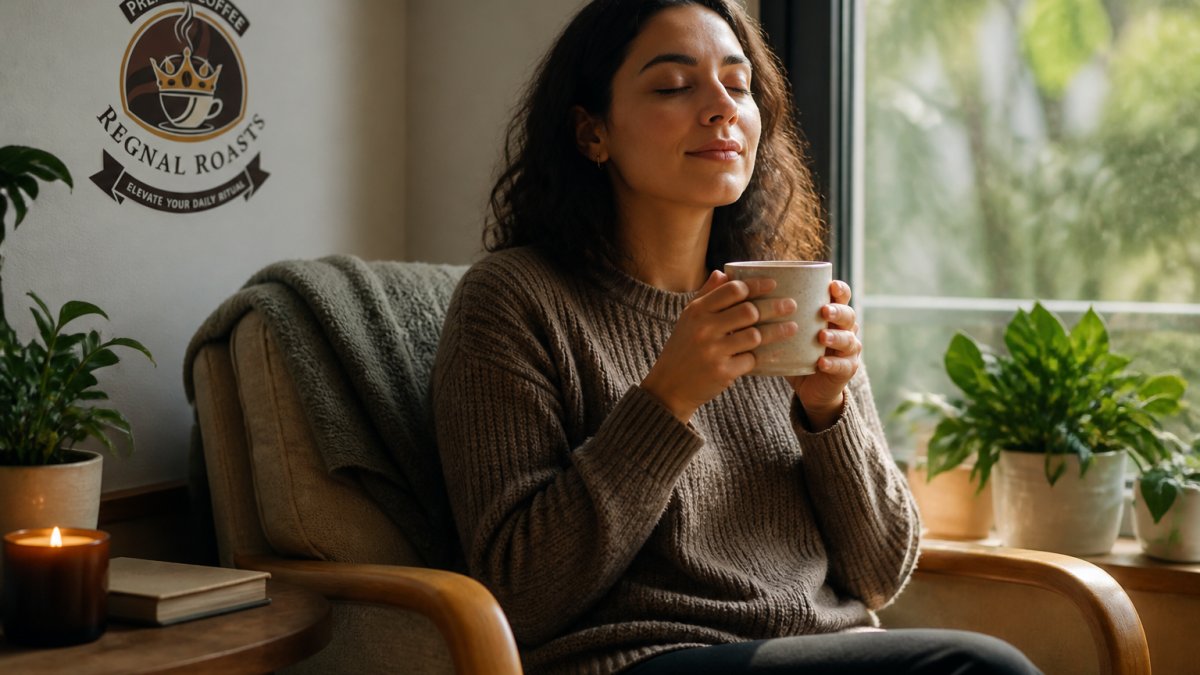 Person sitting in a comfortable chair by a window with soft natural light, holding a ceramic mug of coffee, eyes closed in peaceful contemplation, cozy home setting with warm tones