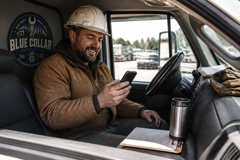 A construction worker in a hard hat and work clothes sitting in a pickup truck, holding a smartphone and smiling as he orders coffee delivery through an app, with a thermos and clipboard on the dashboard