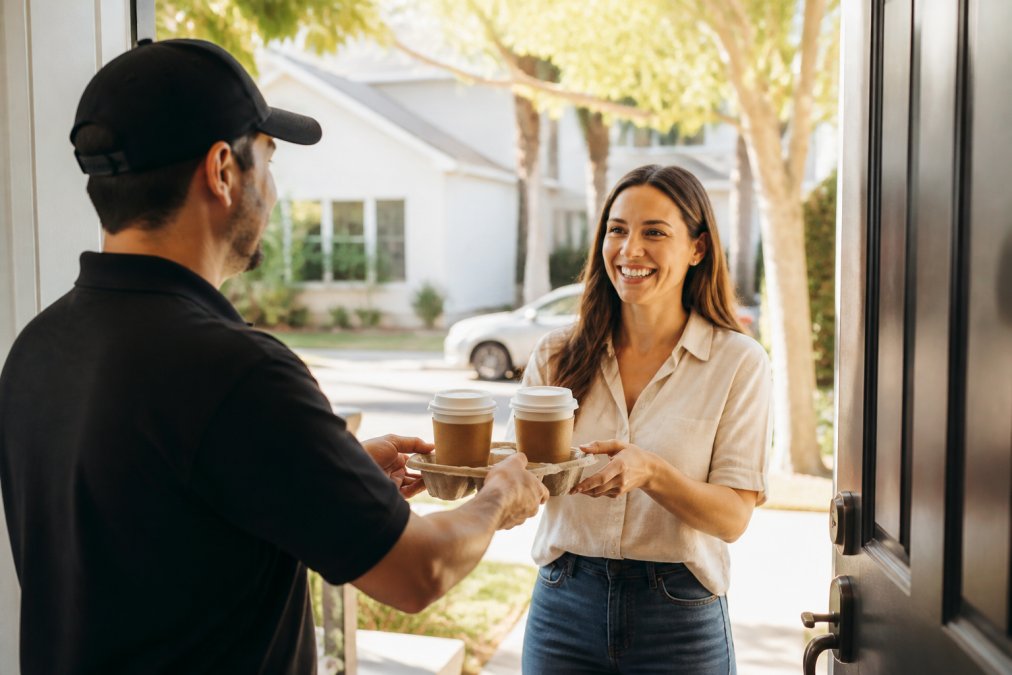 A delivery driver handing a sealed coffee cup carrier to a customer at their front door, both smiling, suburban home in the background, warm afternoon sunlight