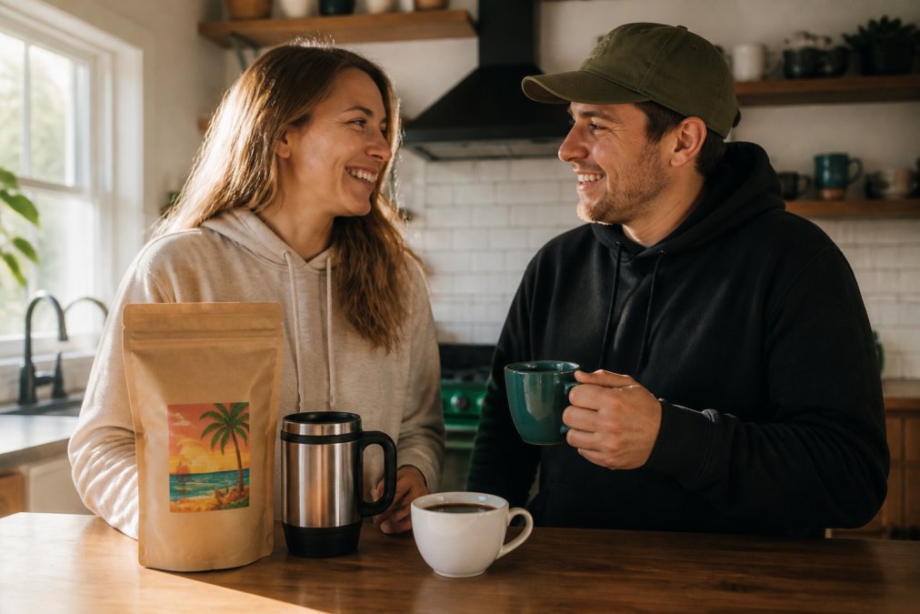 A close-up of a kraft coffee bag with a tropical beach-inspired label sitting on a wooden kitchen counter next to a stainless steel tumbler and a freshly brewed cup of coffee, warm natural light from a nearby window