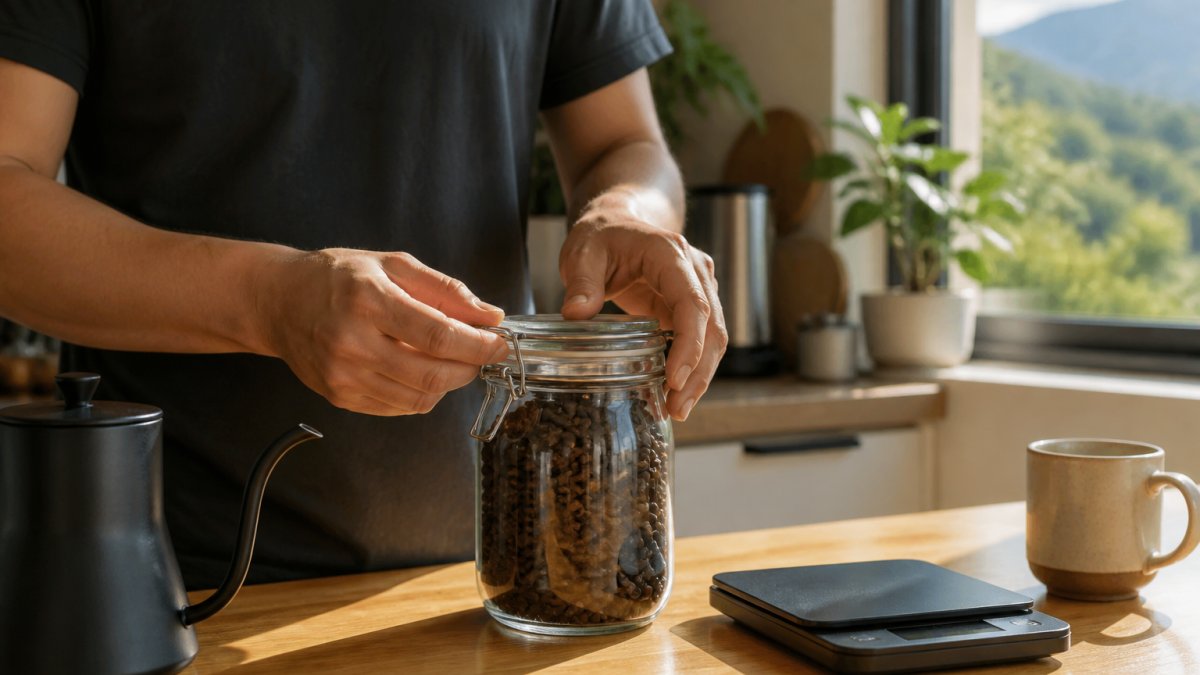 A person sealing a bag of whole coffee beans in an airtight glass container on a kitchen counter, with a digital kitchen scale and a mug nearby, warm morning light