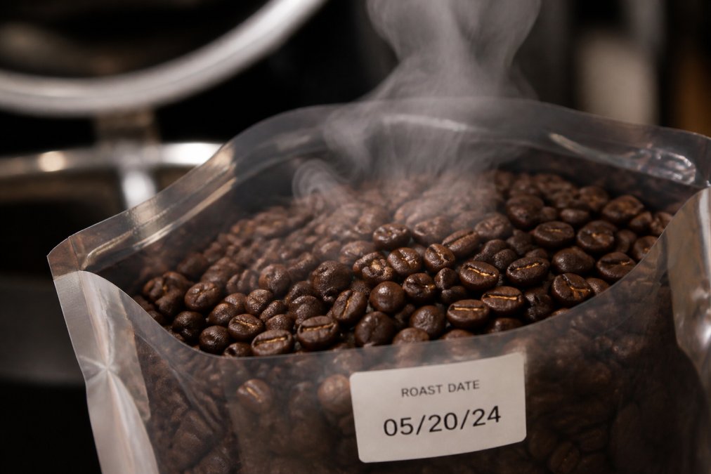 Close-up of freshly roasted coffee beans in a clear bag with a visible roast date label showing rich dark brown color, with steam rising from the beans