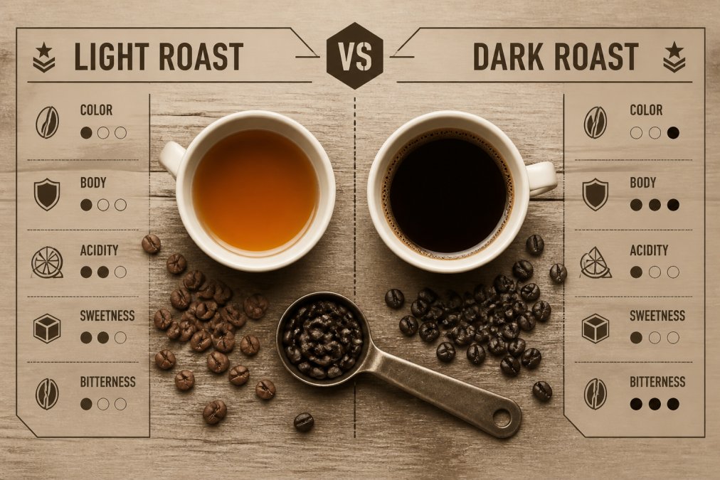 Comparison chart showing the color and visual differences between light and dark roast coffee in ceramic cups