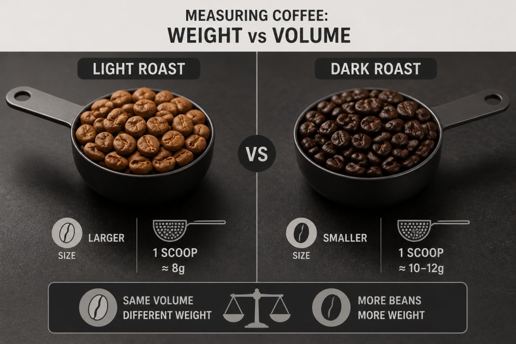 Two coffee scoops side-by-side on a dark kitchen counter, one filled with light roast whole beans and one filled with dark roast whole beans, showing the visible size difference between the two roasts under warm ambient lighting