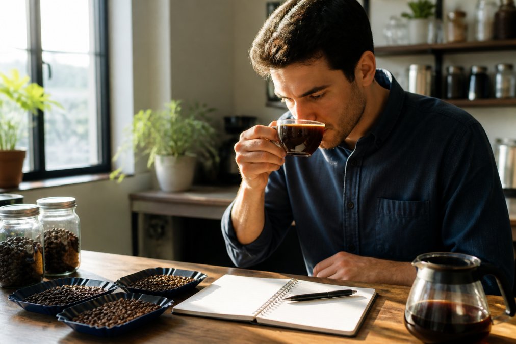 A coffee enthusiast holding a cup of freshly brewed coffee, examining the color and aroma in bright, natural morning light from a window, with a coffee cupping notebook on the table