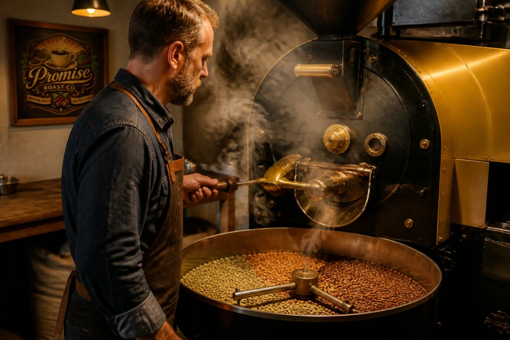 Professional roaster monitoring coffee beans transitioning from green to light tan in a drum roaster, steam rising from the roasting chamber with warm amber lighting
