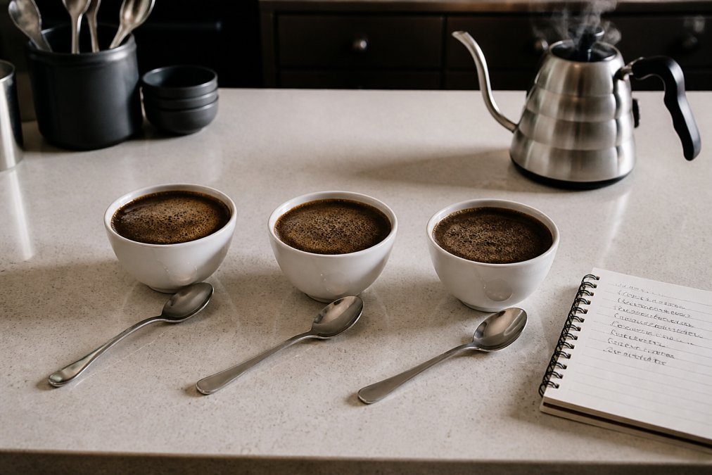 Three white ceramic bowls and spoons set up on a counter for a coffee sensory evaluation with handwritten notes.