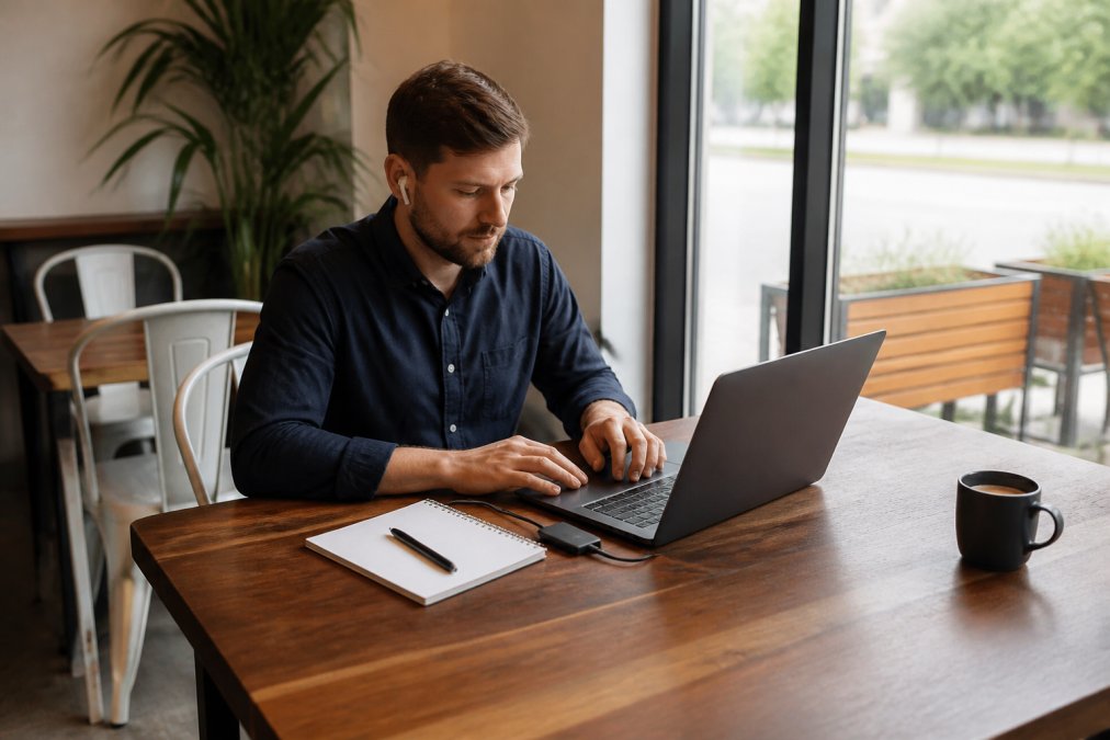 Remote worker at a small cafe table with laptop positioned to one side, minimal materials (single notebook and pen), organized cable management, coffee cup in corner, showing considerate workspace setup with ample space visible on the table
