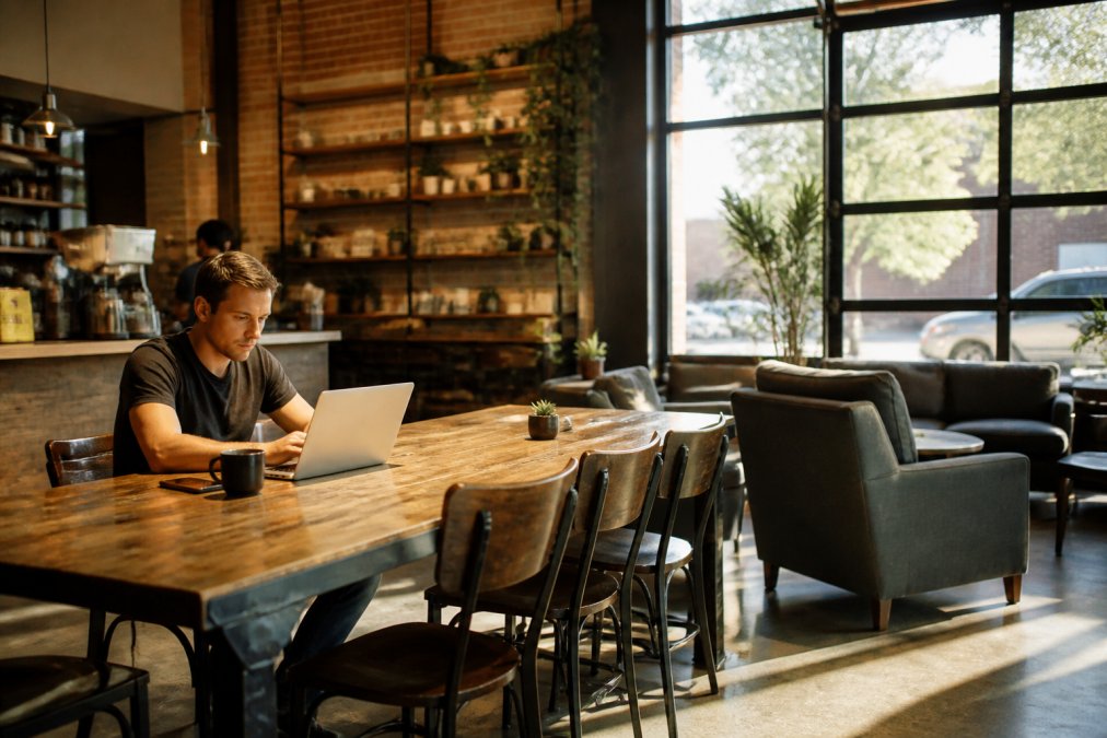 A person working on a laptop at a spacious wooden table in a bright coffee shop, plush lounge chairs nearby, large windows letting in natural afternoon light
