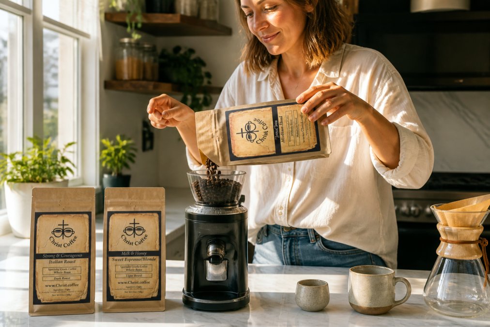 Home brewer pouring fresh-roasted coffee beans from a delivery package into a grinder, morning sunlight streaming through kitchen window