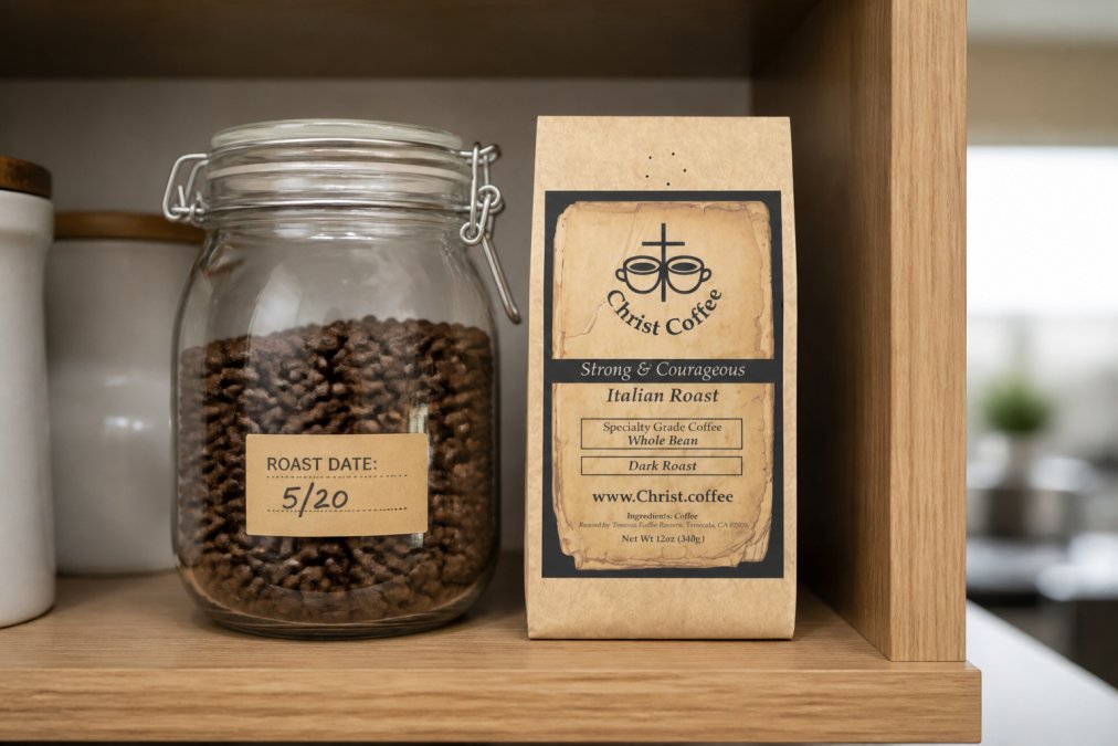 Close-up of coffee beans in an airtight glass container on a kitchen shelf, with a roast date label visible