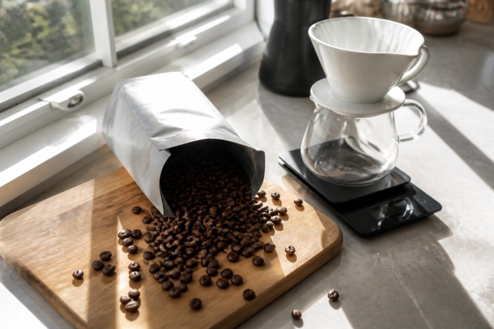Whole coffee beans spilling from a bag for a fresh coffee subscription on a sunlit wooden kitchen counter