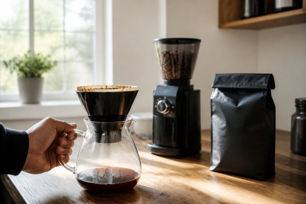 A hand holding a glass pour-over carafe, with a burr grinder and a bag of whole bean coffee on a kitchen counter nearby, soft morning light through a window
