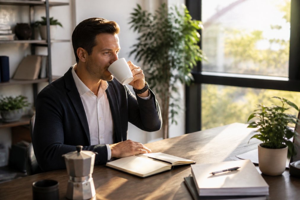 Professional at modern desk with freshly brewed cup of specialty coffee, morning sunlight streaming through window, calm moment before busy workday