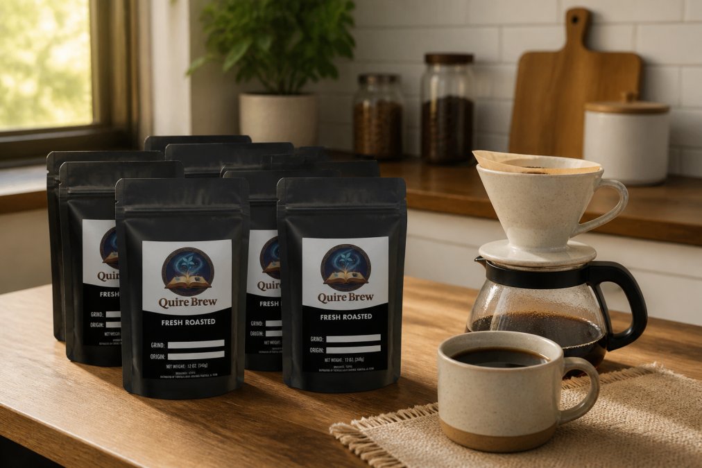 Close-up of several small kraft paper coffee sample bags arranged on a wooden kitchen counter beside a ceramic pour-over dripper and a freshly brewed cup of coffee, warm morning light coming through a nearby window