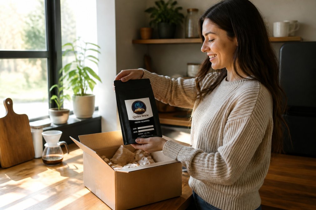A person in a cozy home kitchen opening a freshly delivered coffee subscription box, pulling out a sealed bag of whole bean coffee, warm morning light streaming through a window onto the wooden countertop