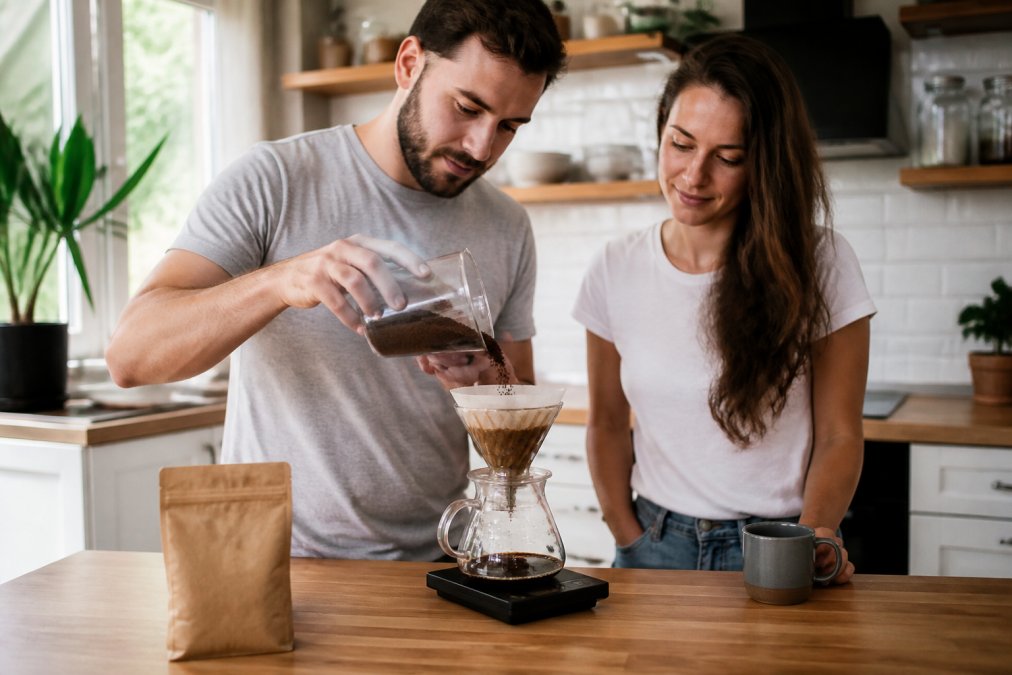 A person in a bright kitchen pouring freshly ground coffee into a pour-over dripper, with a bag of whole bean coffee and a digital scale on the counter nearby
