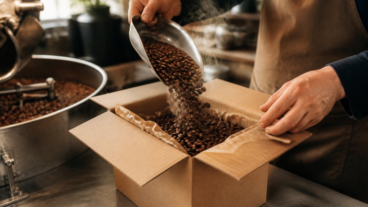 Close-up of freshly roasted coffee beans being poured into a kraft paper delivery box with care, steam gently rising, hands carefully sealing the package in a bright roastery setting