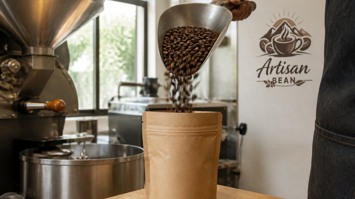 Close-up of freshly roasted coffee beans being poured into branded kraft packaging at a roastery counter, with stainless steel roasting equipment visible in soft natural light from large windows