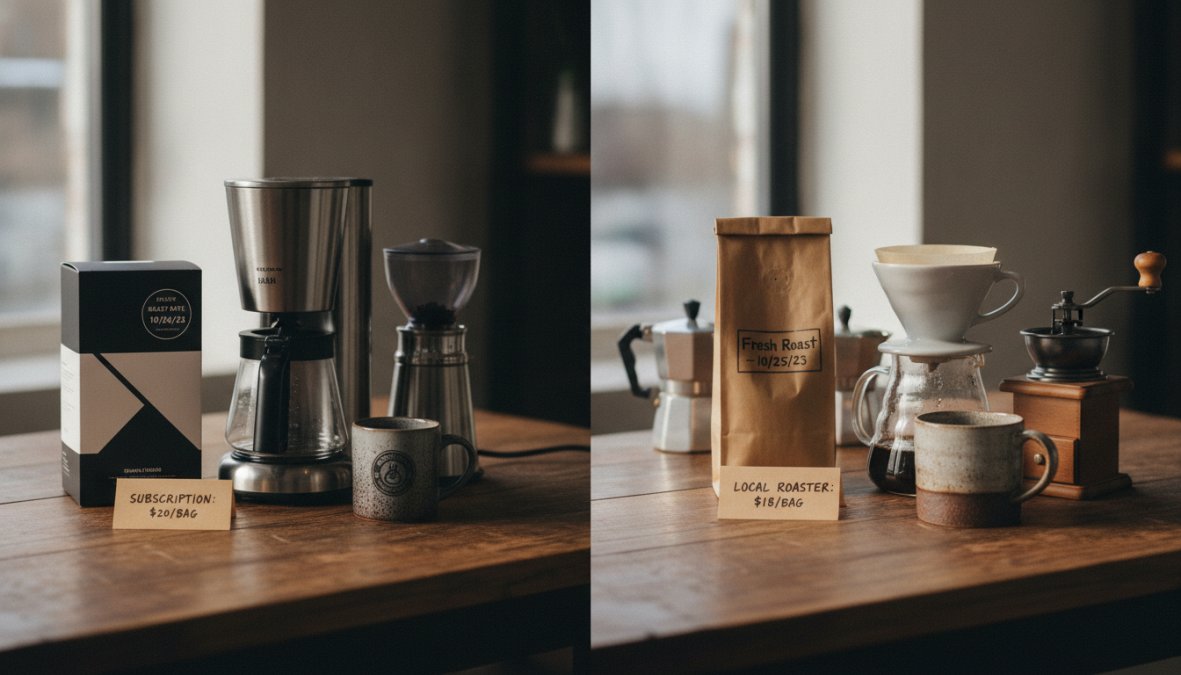 Close-up of freshly roasted coffee beans in a paper bag with roast date label visible, displayed next to a local roastery storefront with espresso machine and barista visible through window