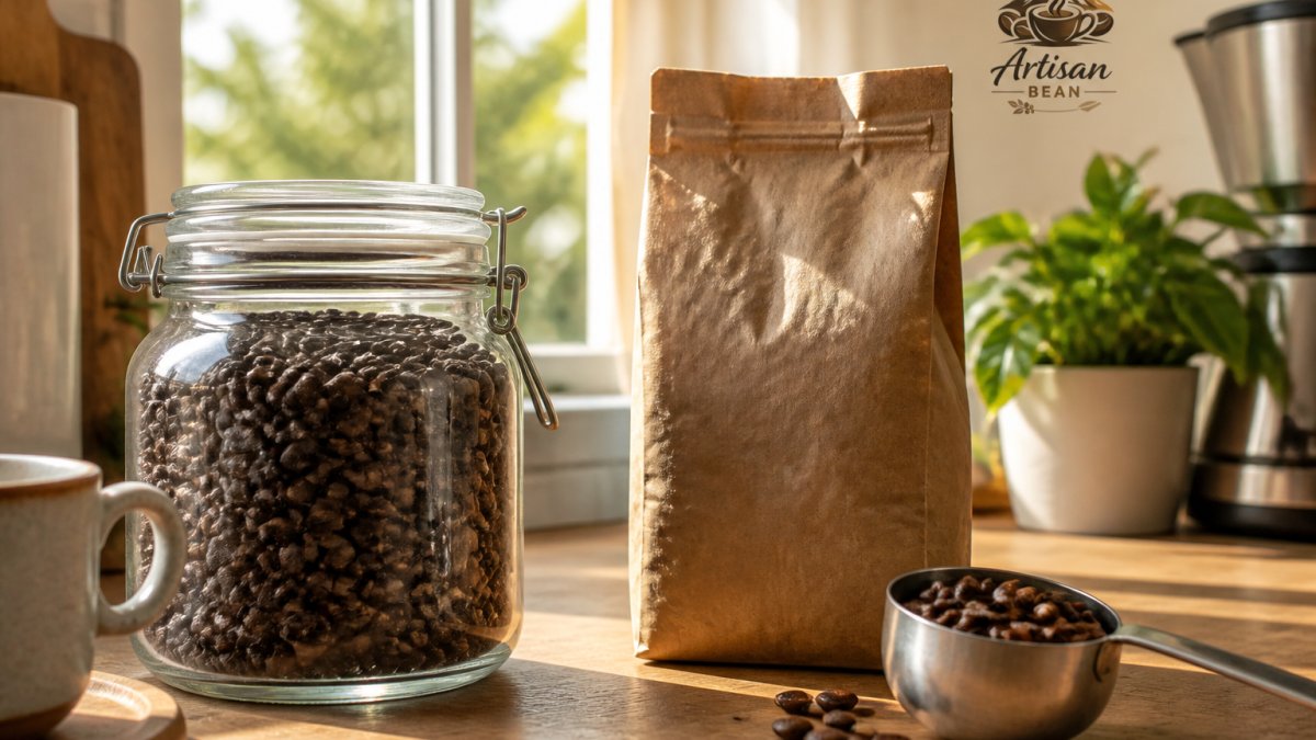 Close-up of freshly roasted coffee beans in an airtight glass container next to a grocery store coffee package with faded label, natural morning light from kitchen window