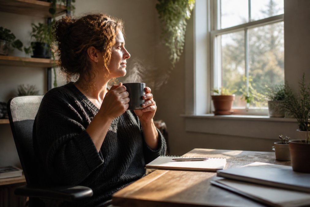 Remote worker at home desk with steaming coffee cup in morning sunlight, relaxed home office setting with natural window light