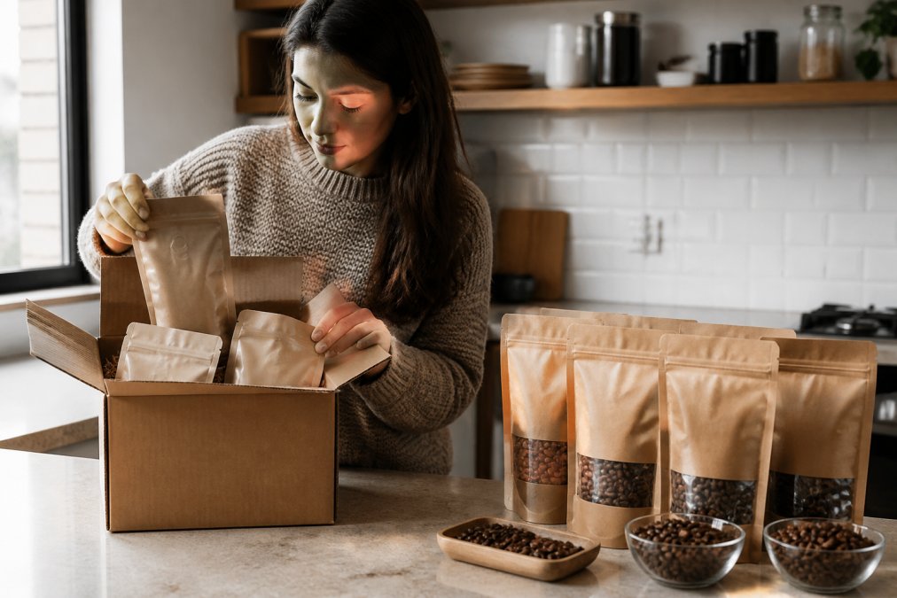 Person opening a freshly arrived coffee subscription box at their kitchen counter with whole beans visible inside, natural morning light streaming through the window
