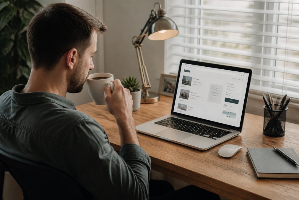 Person sitting at home office desk holding a warm coffee cup while viewing a laptop screen displaying a subscription management dashboard with pause, skip, and delivery date options clearly visible