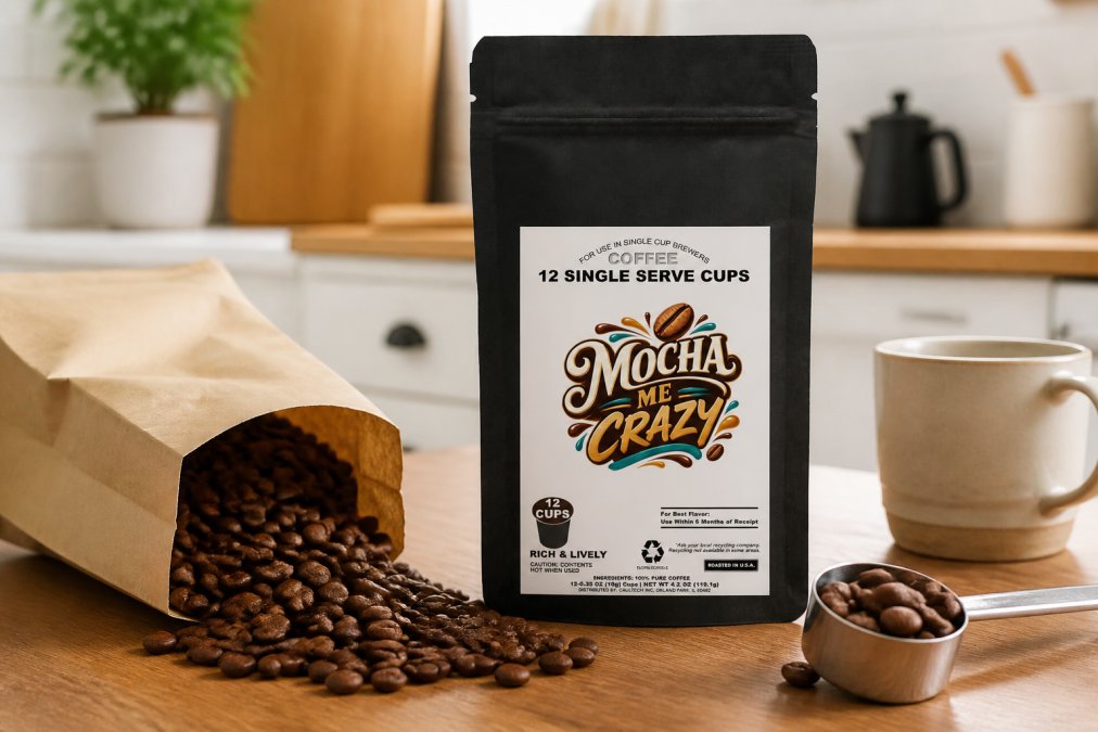Close-up of freshly roasted whole bean coffee being poured from a kraft bag onto a wooden surface, with a coffee scoop and a ceramic mug nearby on a bright kitchen counter