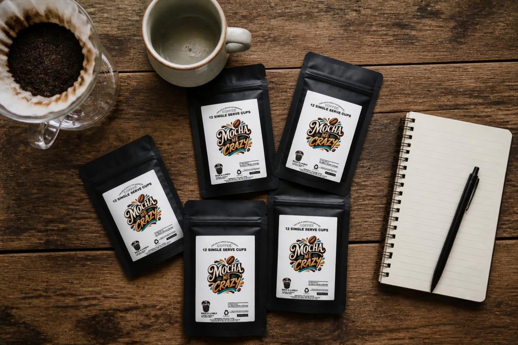Overhead flat-lay of several small 2oz coffee sample bags arranged on a rustic wooden table alongside a pour-over dripper, a ceramic mug, and tasting notes written on a notepad
