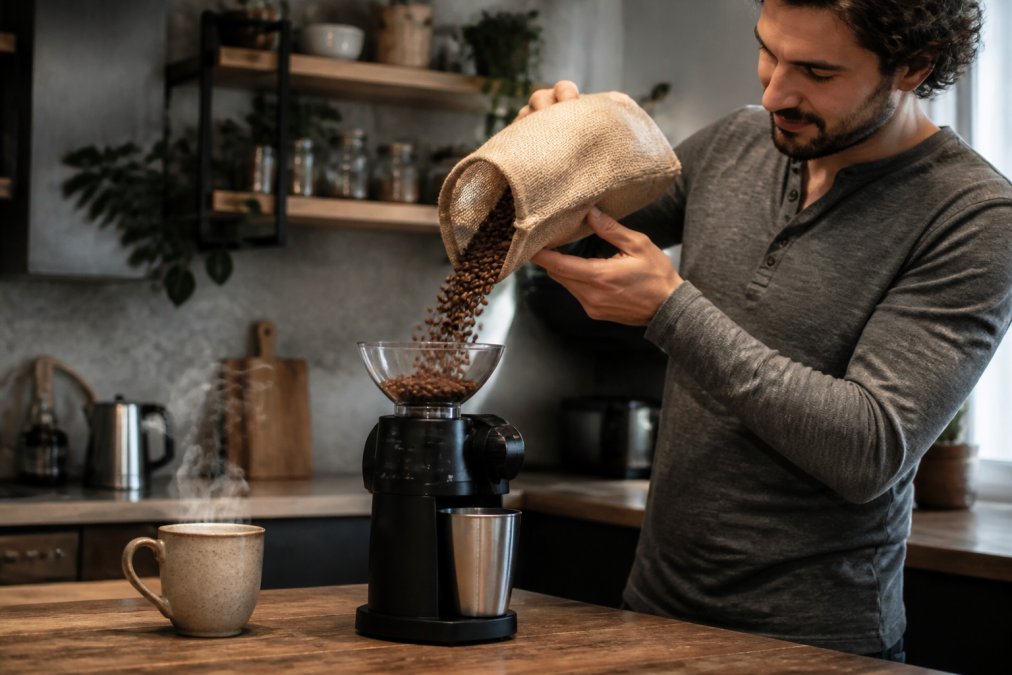 Close-up of freshly roasted coffee beans being poured from a burlap sack into a home grinder on a kitchen counter, steam rising from a nearby mug