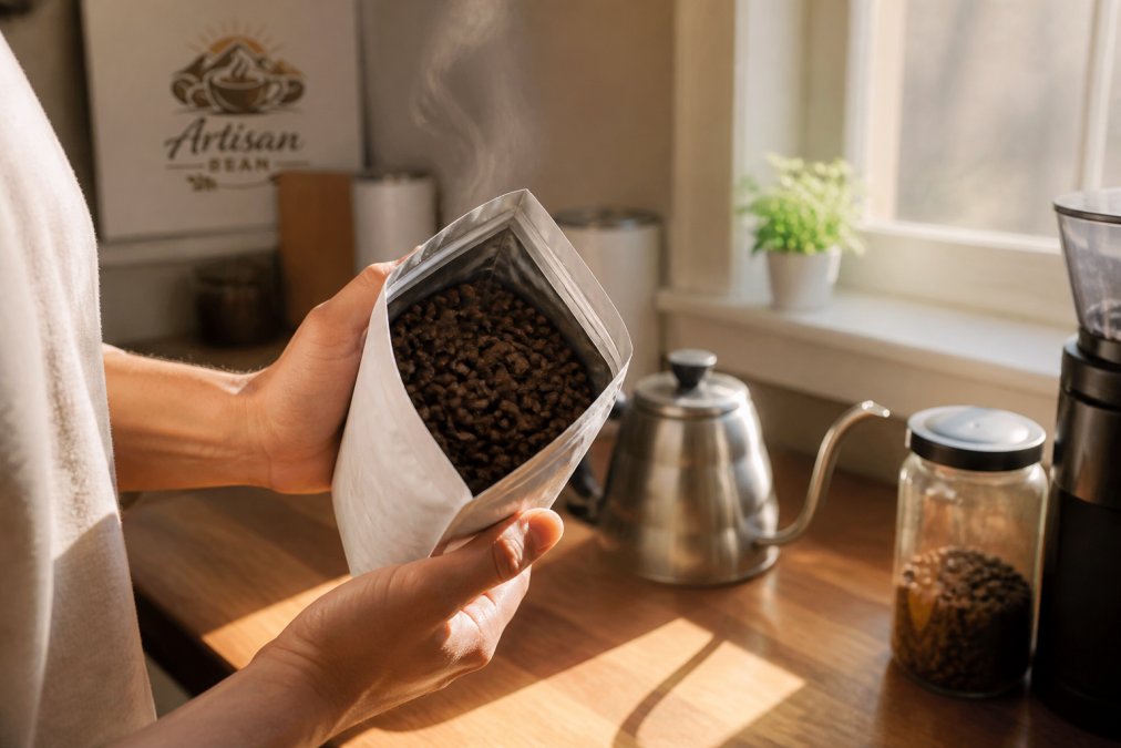 Hands holding a freshly opened bag of roasted coffee beans with visible roast date and steam rising in morning kitchen light