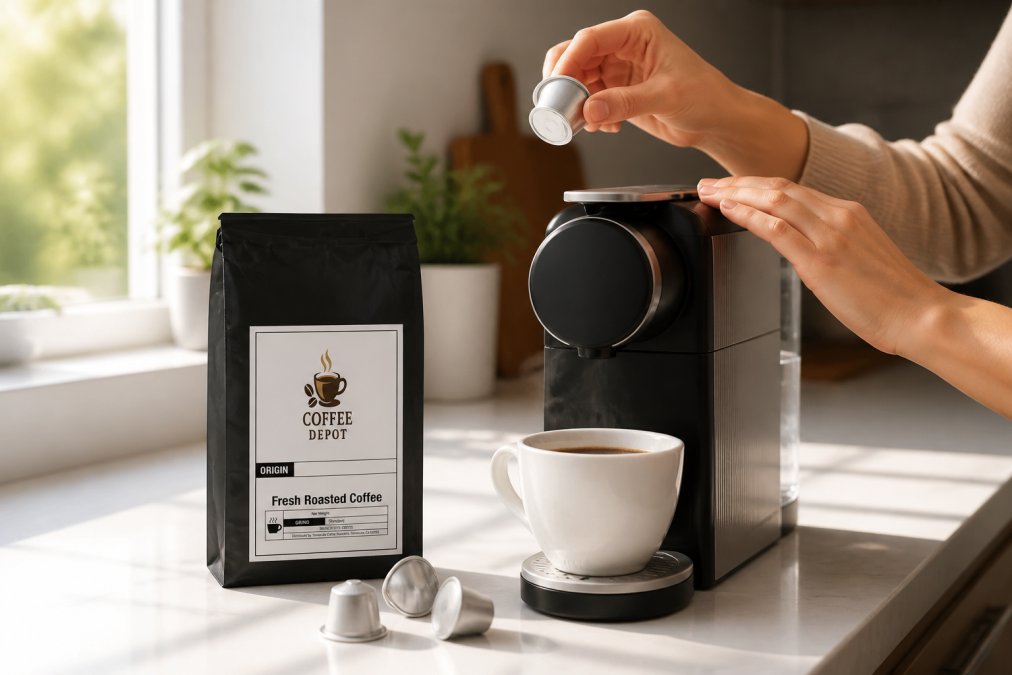 Hands holding a single metallic coffee capsule suspended over a modern single-serve brewing machine, with a white ceramic cup positioned below catching steam from freshly brewed coffee, morning kitchen light streaming through a window