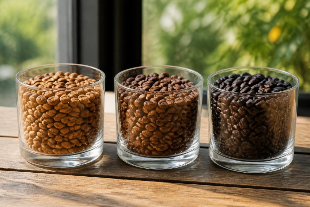 Close-up of freshly roasted coffee beans in different roast levels, light, medium, and dark, displayed in clear glass containers with roast date labels visible on each container, natural window lighting highlighting the color differences
