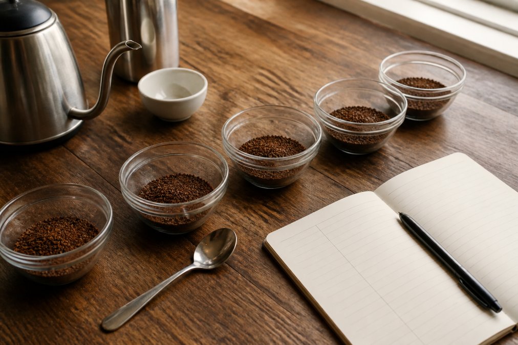 A close-up overhead shot of a home coffee cupping setup on a wooden table, featuring several small glass bowls with coffee grounds, a spoon, a notebook with handwritten tasting notes, and a gooseneck kettle, all lit by warm natural window light